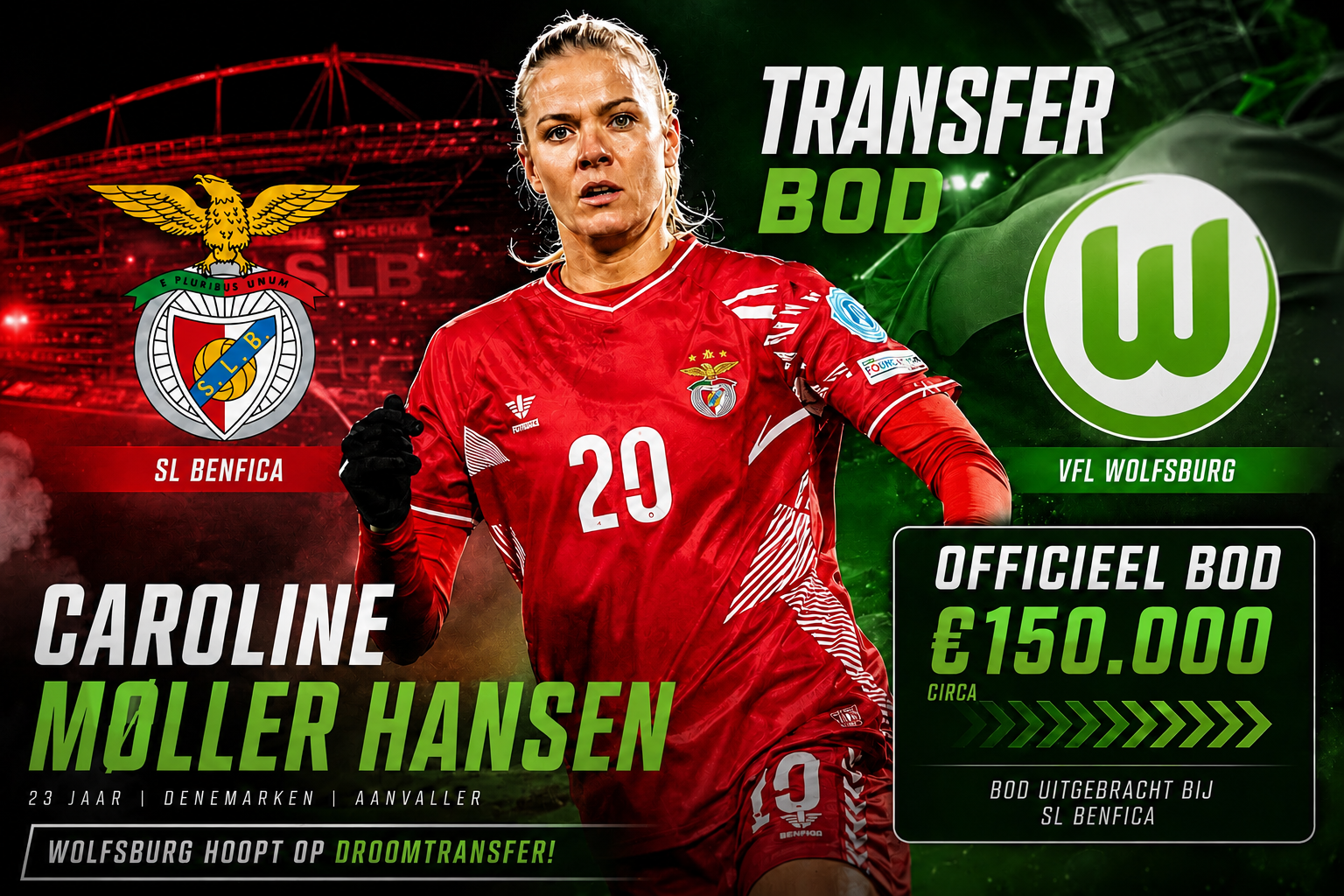 VFL Wolfsburg brengt bod uit op Benfica-ster Caroline Møller Hansen